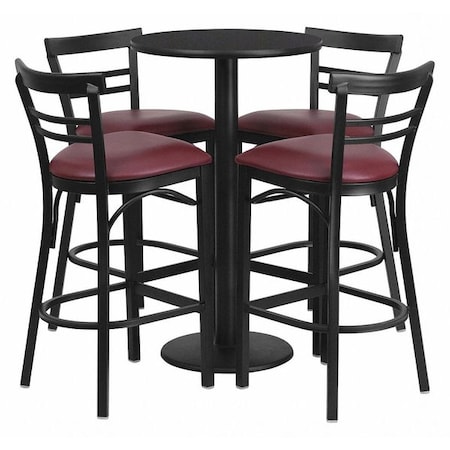 Round Blk Bar Table, X-Base, Burgundy Seats, 24