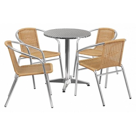 Round Table Set, Aluminum, Plastic, Rattan, Stainless Steel, Grey MPN:TLH-ALUM-24RD-020BGECHR4-GG