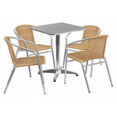 Square Table Set, Aluminum, Plastic, Rattan, Stainless Steel, Grey MPN:TLH-ALUM-24SQ-020BGECHR4-GG
