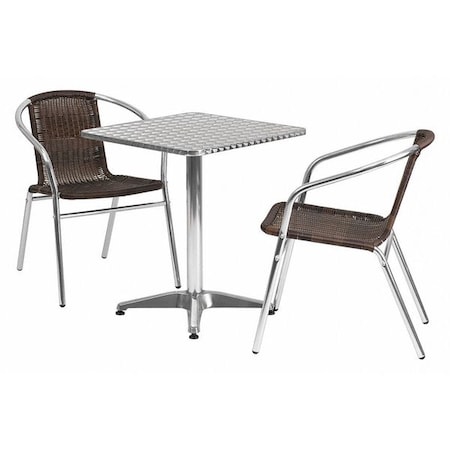 Square Table Set, 23.5 W, 23.5 L, 27.5 H, Aluminum, Plastic, Rattan, Stainless Steel, Grey MPN:TLH-ALUM-24SQ-020CHR2-GG
