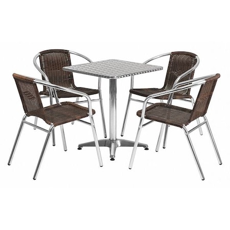 Square Table Set, Aluminum, Plastic, Rattan, Stainless Steel, Grey MPN:TLH-ALUM-24SQ-020CHR4-GG