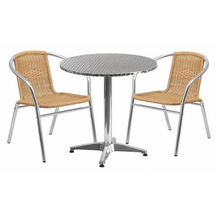 Round Table Set, Aluminum, Plastic, Rattan, Stainless Steel, Grey MPN:TLH-ALUM-28RD-020BGECHR2-GG