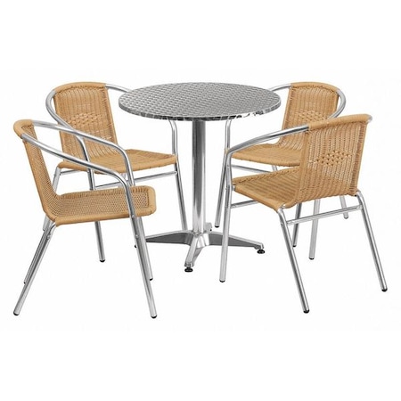 Round Table Set, Aluminum, Plastic, Rattan, Stainless Steel, Grey MPN:TLH-ALUM-28RD-020BGECHR4-GG