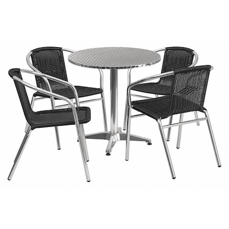 Round Table Set, Aluminum, Plastic, Rattan, Stainless Steel, Grey MPN:TLH-ALUM-28RD-020BKCHR4-GG