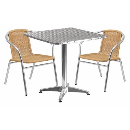 Square Table Set, Aluminum, Plastic, Rattan, Stainless Steel, Grey MPN:TLH-ALUM-28SQ-020BGECHR2-GG
