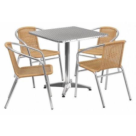 Square Table Set, Aluminum, Plastic, Rattan, Stainless Steel, Grey MPN:TLH-ALUM-28SQ-020BGECHR4-GG