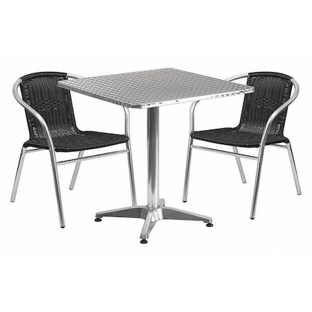 Square Table Set, 27.5 W, 27.5 L, 27.5 H, Aluminum, Plastic, Rattan, Stainless Steel, Grey MPN:TLH-ALUM-28SQ-020BKCHR2-GG