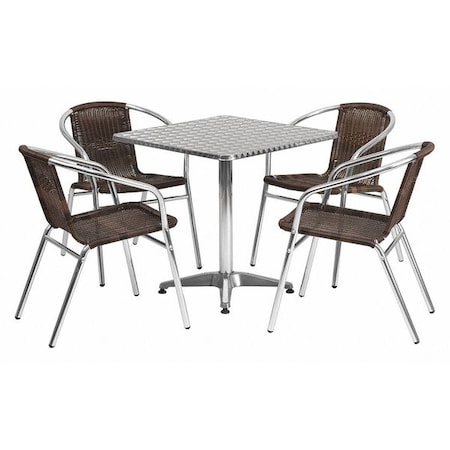 Square Table Set, Aluminum, Plastic, Rattan, Stainless Steel, Grey MPN:TLH-ALUM-28SQ-020CHR4-GG