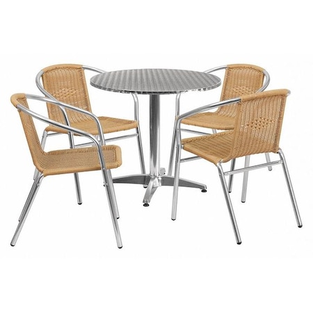 Round Table Set, Aluminum, Plastic, Rattan, Stainless Steel, Grey MPN:TLH-ALUM-32RD-020BGECHR4-GG