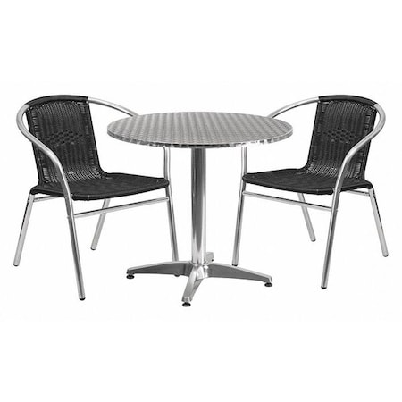 Round Table Set, 31.5 W, 31.5 L, 27.5 H, Aluminum, Plastic, Rattan, Stainless Steel, Grey MPN:TLH-ALUM-32RD-020BKCHR2-GG