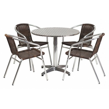 Round Table Set, Aluminum, Plastic, Rattan, Stainless Steel, Grey MPN:TLH-ALUM-32RD-020CHR4-GG