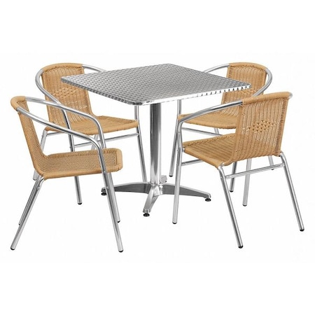Square Table Set, Aluminum, Plastic, Rattan, Stainless Steel, Grey MPN:TLH-ALUM-32SQ-020BGECHR4-GG