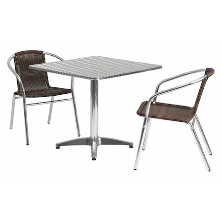 Square Table Set, 31.5 W, 31.5 L, 27.5 H, Aluminum, Plastic, Rattan, Stainless Steel, Grey MPN:TLH-ALUM-32SQ-020CHR2-GG
