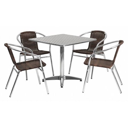 Square Table Set, Aluminum, Plastic, Rattan, Stainless Steel, Grey MPN:TLH-ALUM-32SQ-020CHR4-GG