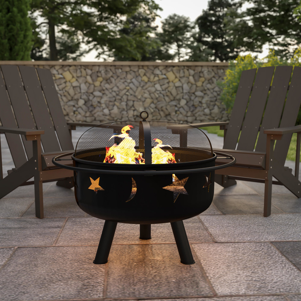 Flash Furniture Round Wood Burning Firepit With Mesh Spark Screen, 22inH x 29inW x 29inD, Black MPN:YL32D