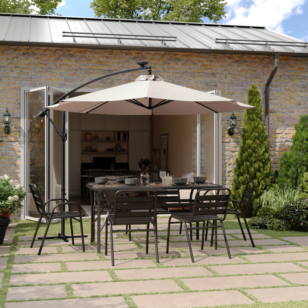 Flash Furniture Sedona Commercial Grade 10ft Round Solar LED Cantilever Umbrella with Easy Lift and Tilt Function, Built in Cross Base, Tan MPN:GMWLUU012TAN