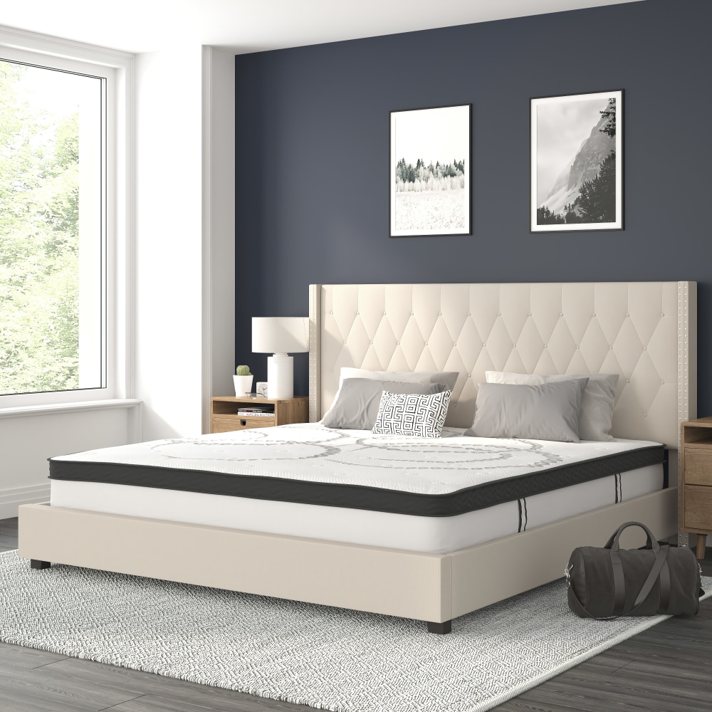 Flash Furniture Riverdale Tufted Upholstered Platform Bed With 10in CertiPUR-US Certified Foam And Pocket Spring Mattress, King, Beige MPN:HGBM1036