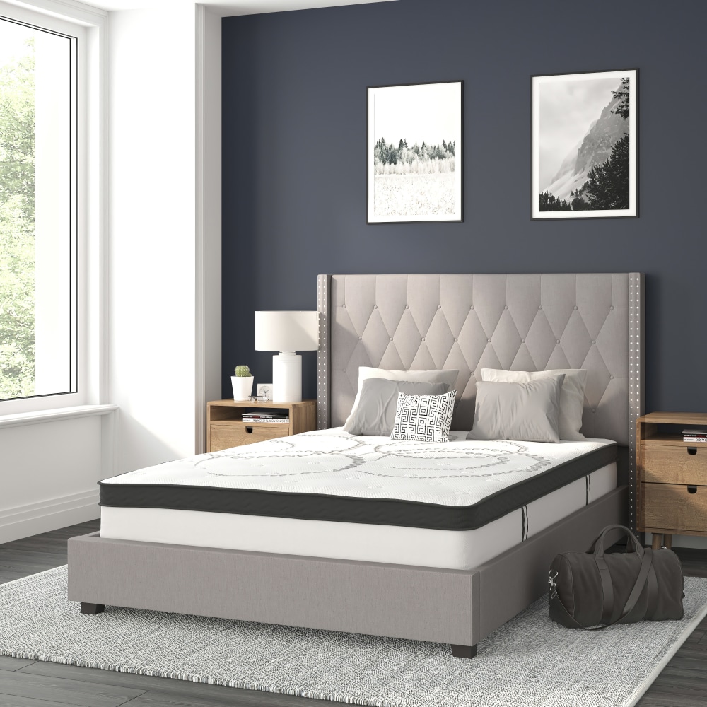 Flash Furniture Riverdale Tufted Upholstered Platform Bed With 10in CertiPUR-US Certified Foam And Pocket Spring Mattress, Full, Light Gray MPN:HGBM1042