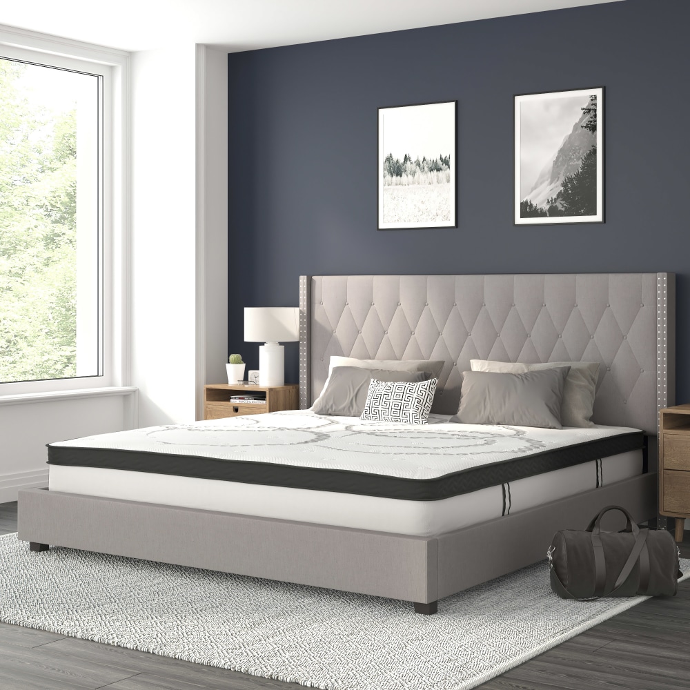 Flash Furniture Riverdale Tufted Upholstered Platform Bed With 10in CertiPUR-US Certified Foam And Pocket Spring Mattress, King, Light Gray MPN:HGBM1044