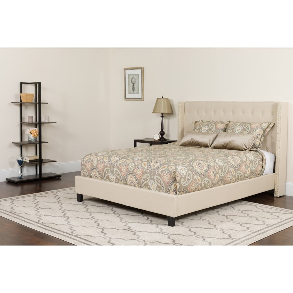 Flash Furniture Riverdale Tufted Upholstered Platform Bed With Accent Nail Trimmed Extended Sides And Memory Foam Pocket Spring Mattress, Full, Beige MPN:HGBMF34