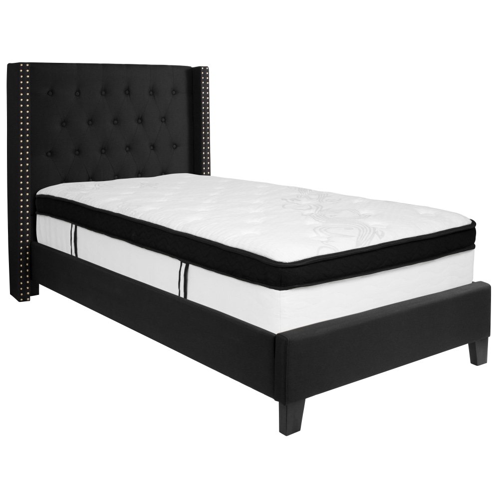 Flash Furniture Riverdale Tufted Upholstered Platform Bed With Accent Nail Trimmed Extended Sides And Memory Foam Pocket Spring Mattress, Twin, Black MPN:HGBMF37