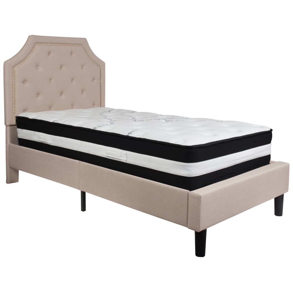 Flash Furniture Brighton Arched Tufted Upholstered Platform Bed And Pocket Spring Mattress, Twin, Beige MPN:SLBM1