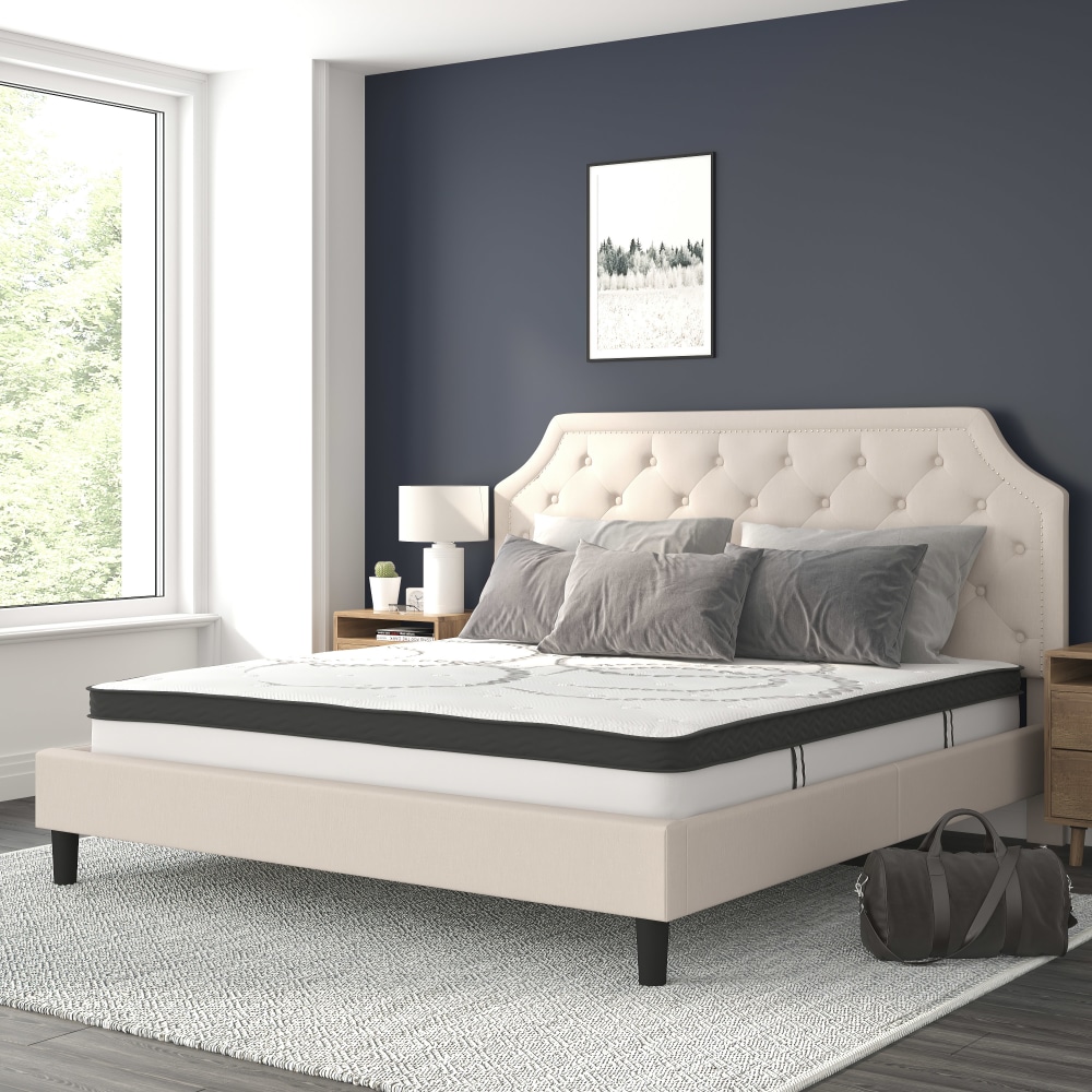 Flash Furniture Brighton Tufted Upholstered Platform Bed With 10in CertiPUR-US Certified Foam And Pocket Spring Mattress, King, Beige MPN:SLBM104