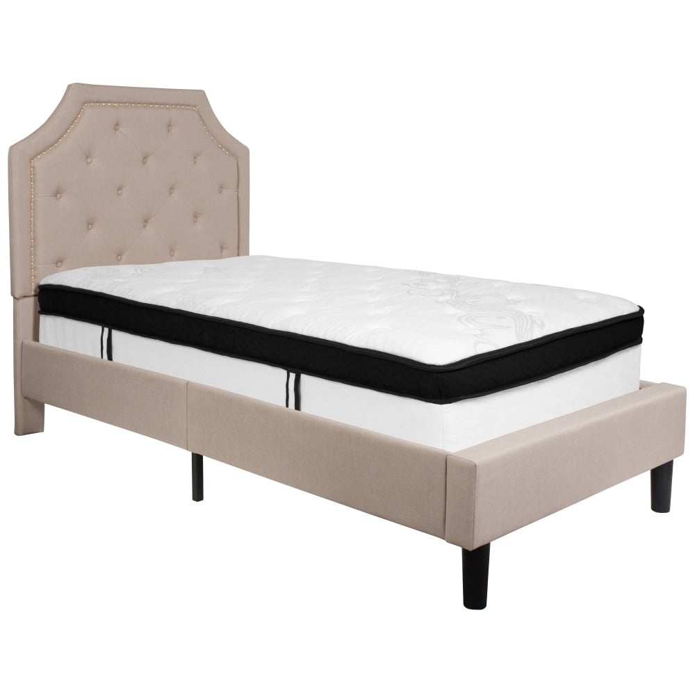 Flash Furniture Brighton Arched Tufted Upholstered Platform Bed And Memory Foam Pocket Spring Mattress, Twin, Beige MPN:SLBMF1