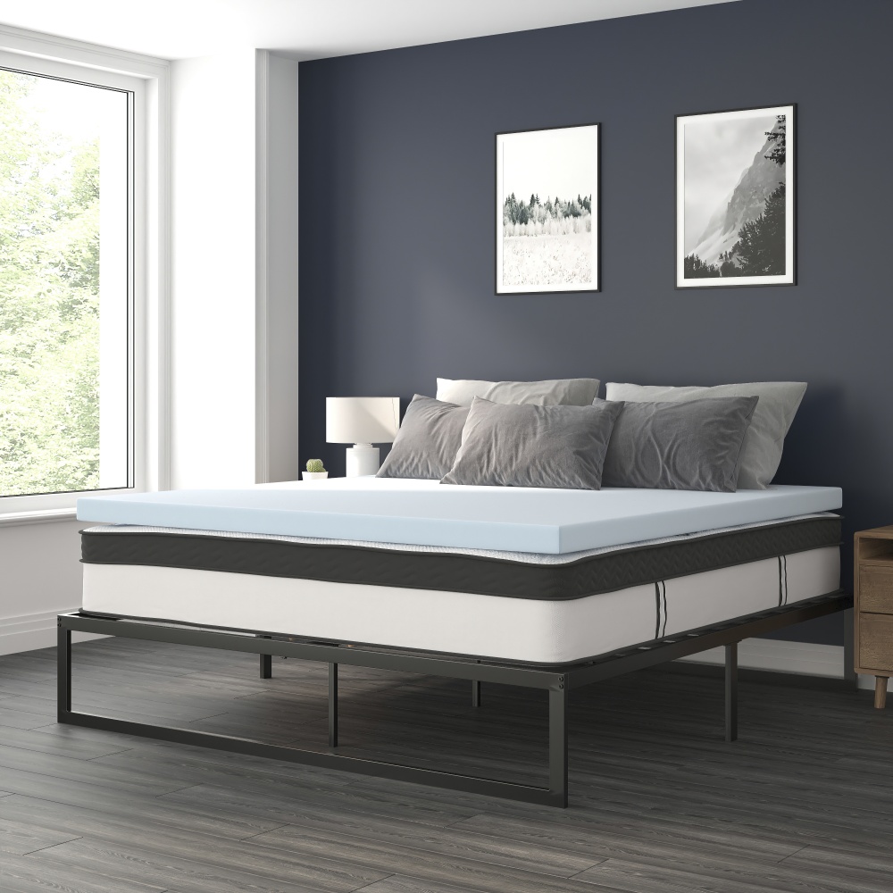 Flash Furniture 14in Metal Platform Bed Frame With 12in Pocket Spring Mattress & 3in Cool Gel Memory Foam Topper, King, Black MPN:XUBD12PSM3M35K