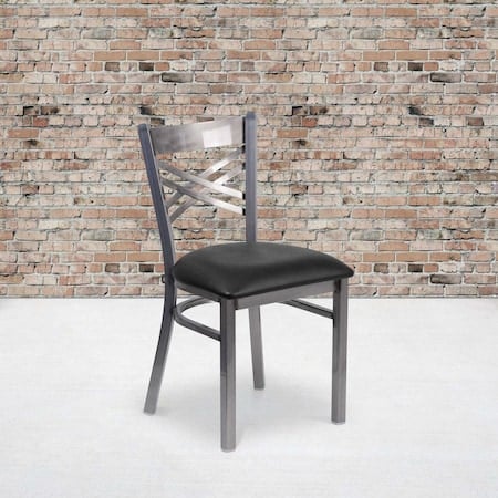Clear Coated ''X'' Back Metal Restaurant Chair, Black Vinyl Seat, PK2 MPN:2-XU-6FOB-CLR-BLKV-GG