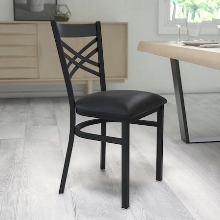 Black ''X'' Back Metal Restaurant Chair, Black Vinyl Seat, PK2 MPN:2-XU-6FOBXBK-BLKV-GG