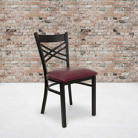 Black ''X'' Back Metal Restaurant Chair, Burgundy Vinyl Seat, PK2 MPN:2-XU-6FOBXBK-BURV-GG