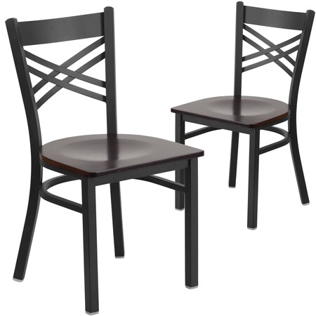Black ''X'' Back Metal Restaurant Chair, Walnut Wood Seat, PK2 MPN:2-XU-6FOBXBK-WALW-GG