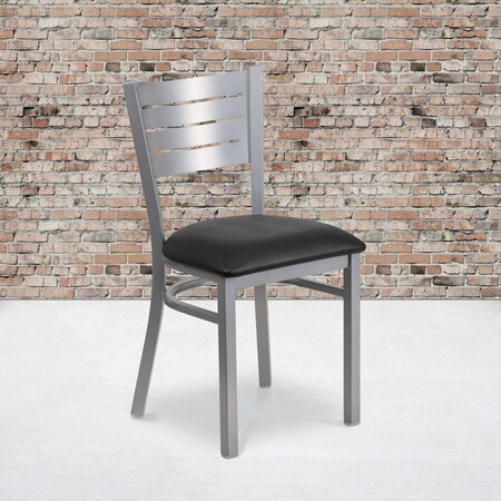 Silver Slat Back Metal Restaurant Chair, Black Vinyl Seat, PK2 MPN:2-XU-DG-60401-BLKV-GG