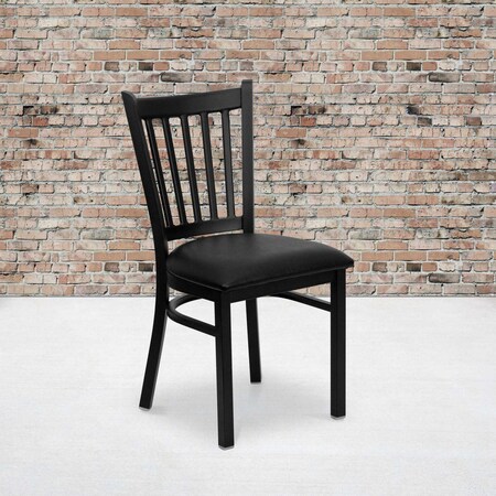 Black Vertical Back Metal Restaurant Chair, Black Vinyl Seat, PK2 MPN:2-XU-DG-6Q2B-VRT-BLKV-GG