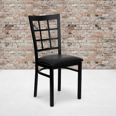 Black Window Back Metal Restaurant Chair, Black Vinyl Seat, PK2 MPN:2-XU-DG6Q3BWIN-BLKV-GG