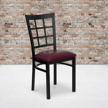 Black Window Back Metal Restaurant Chair, Burgundy Vinyl Seat, PK2 MPN:2-XU-DG6Q3BWIN-BURV-GG