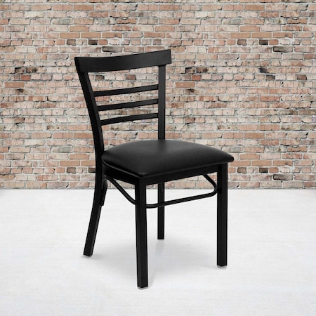 Black Three-Slat Ladder Back Metal Chair, Black Vinyl Seat, PK2 MPN:2-XU-DG6Q6B1LAD-BLKV-GG