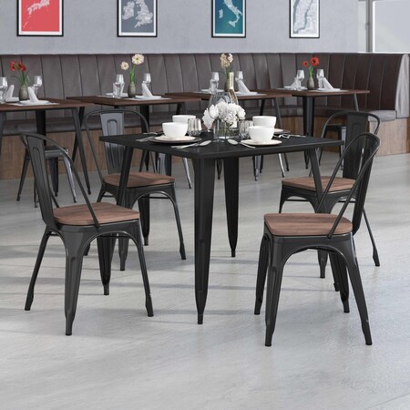 Black Metal Stackable Chair with Wood Seat, PK4 MPN:4-CH-31230-BK-WD-GG