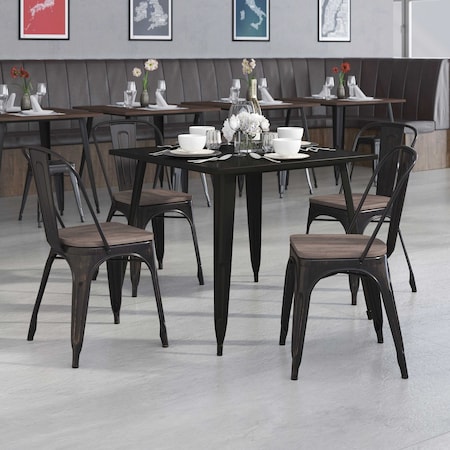 Black-Antique Gold Metal Stackable Chair with Wood Seat, PK4 MPN:4-CH-31230-BQ-WD-GG
