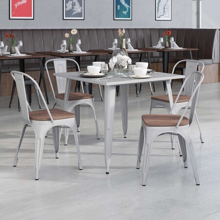 Silver Metal Stackable Chair with Wood Seat, PK4 MPN:4-CH-31230-SIL-WD-GG