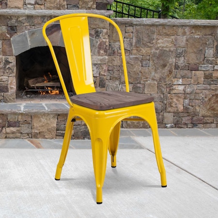 Yellow Metal Stackable Chair with Wood Seat, PK4 MPN:4-CH-31230-YL-WD-GG