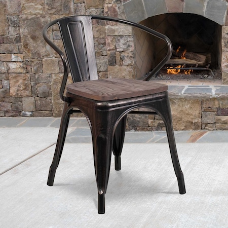 Black-Antique Gold Metal Chair with Wood Seat and Arms, PK4 MPN:4-CH-31270-BQ-WD-GG