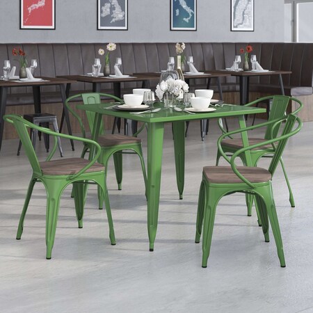 Green Metal Chair with Wood Seat and Arms, PK4 MPN:4-CH-31270-GN-WD-GG