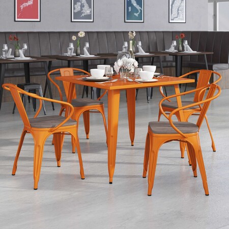 Orange Metal Chair with Wood Seat and Arms, PK4 MPN:4-CH-31270-OR-WD-GG