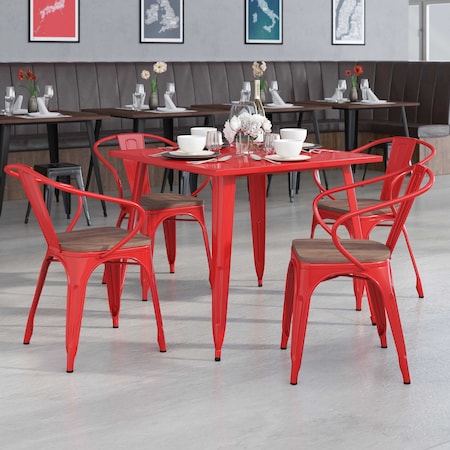 Red Metal Chair with Wood Seat and Arms, PK4 MPN:4-CH-31270-RED-WD-GG