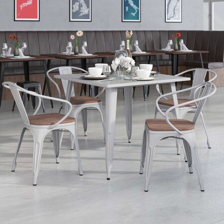 Silver Metal Chair with Wood Seat and Arms, PK4 MPN:4-CH-31270-SIL-WD-GG