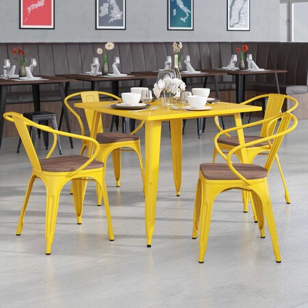 Yellow Metal Chair with Wood Seat and Arms, PK4 MPN:4-CH-31270-YL-WD-GG