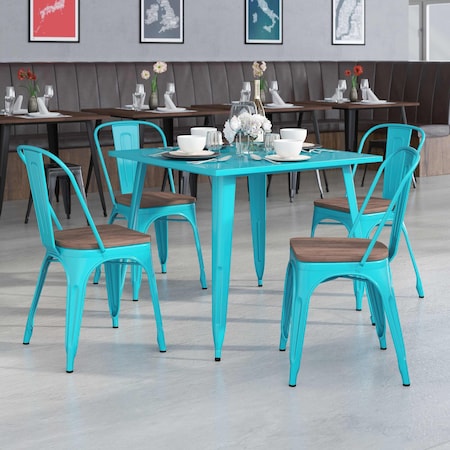 Crystal Teal-Blue Metal Stackable Chair with Wood Seat, PK4 MPN:4-ET-3534-CB-WD-GG