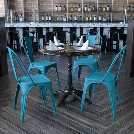 Distressed Kelly Blue-Teal Metal Indoor-Outdoor Stackable Chair, PK4 MPN:4-ET-3534-KB-GG